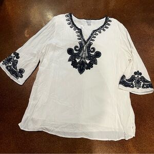 Chico’s White and Black Gauze Emblished 3/4 Length Sleeve Tunic Top Sz 3
